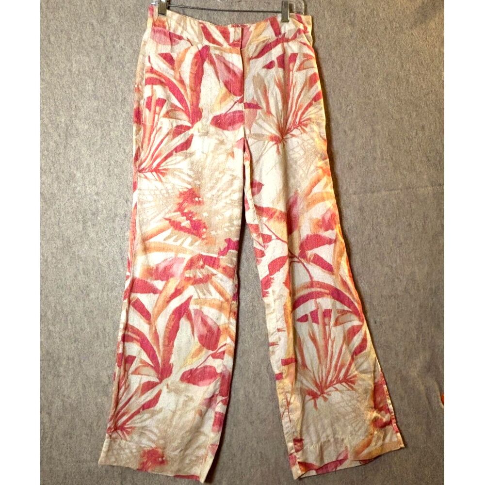 Chico’s Size 0.5 (8) 100% Linen Floral Pants Pink Coral Abstract Botanical